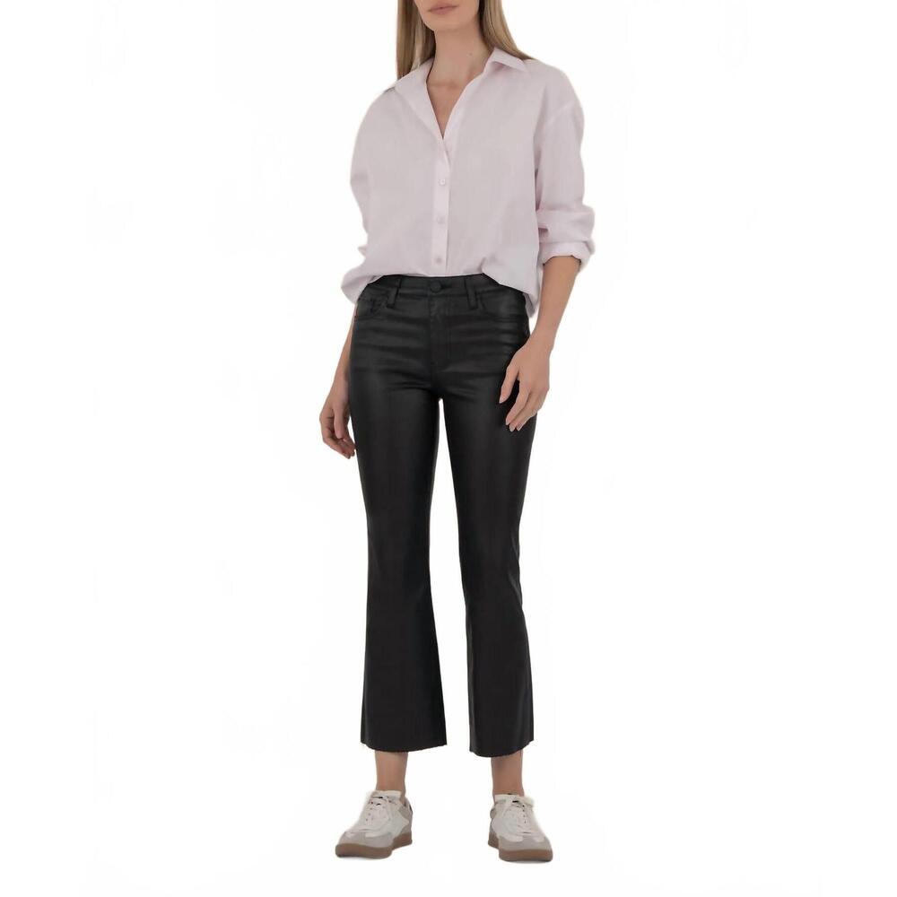 NEW KUT FROM THE KLOTH kelsey coated ankle flare pants with raw hem in black
